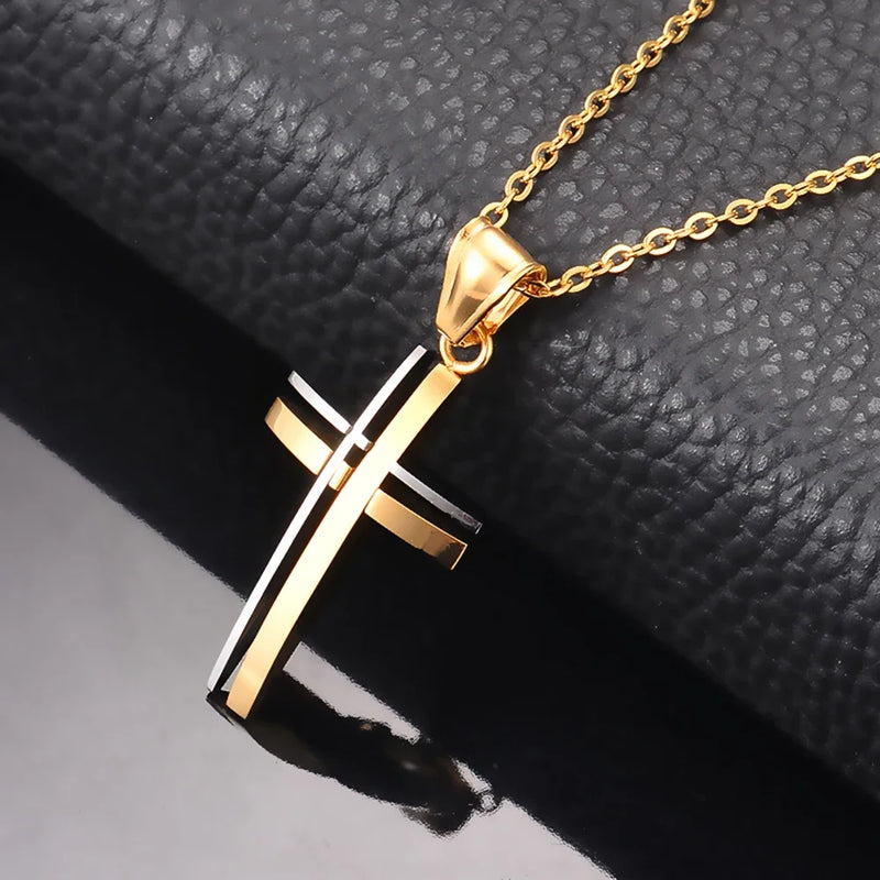 Colar Cruz Masculino Duas Cores 3D Moderno